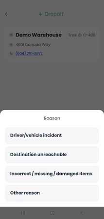 CF Driver app - failed dropoff reason