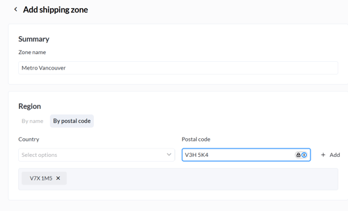 Create shipping zone by postal codes