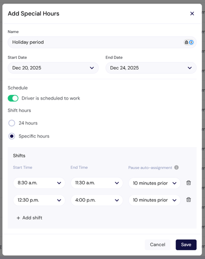 Driver shift - special hours