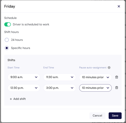 Driver shift - specific hours
