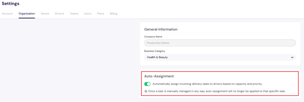 Settings - Auto assignment toggle